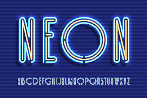 Neon teken lamp lettertype ontwerp, alfabet, tekenset, lettertype, typografie, elektriciteit licht retro letters.