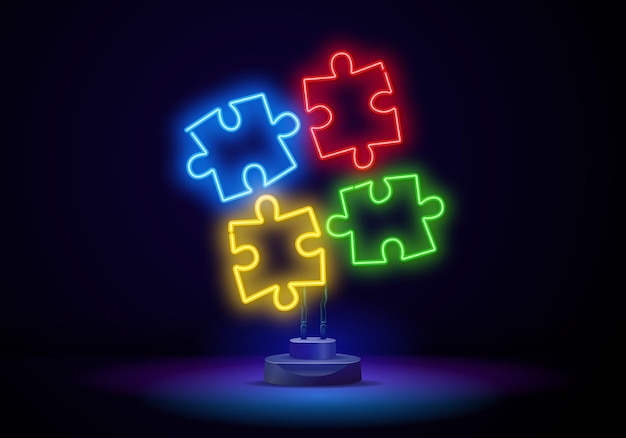 Neon teken puzzel abstracte puzzel symbool geïsoleerde gloeiende blauwe omtrek puzzel op donkere achtergrond voor