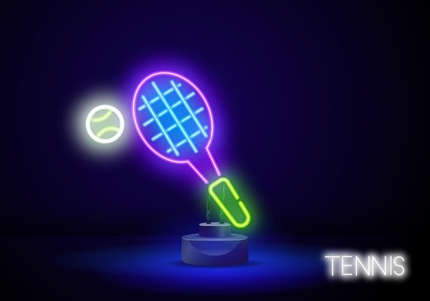 Neon Tennis racquet with ball sign Glowing neon Tennis racket icon isolated on brick wall background Sport equipment Vector Illustration