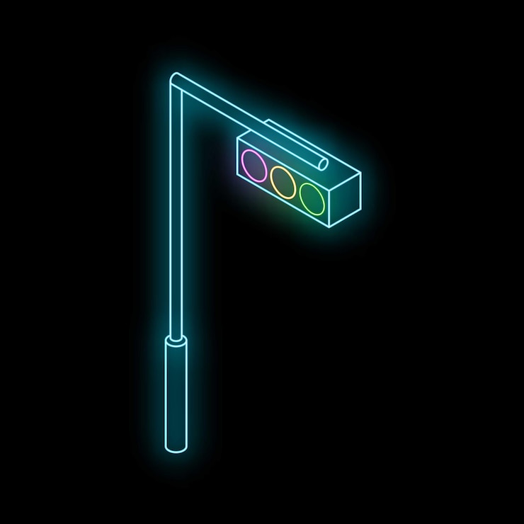 Vector neon traffic light glowing on a dark background