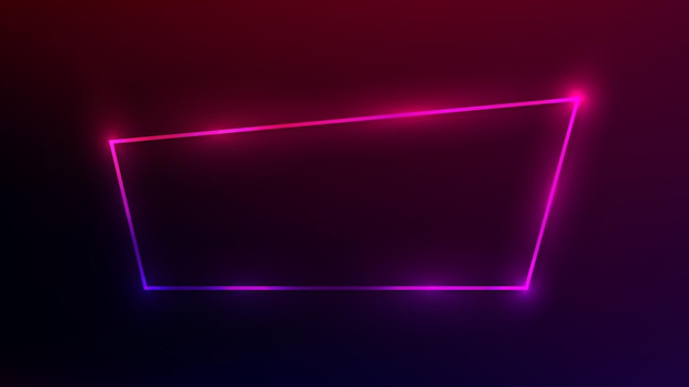 Neon trapezoid frame with shining effects on dark purple background Empty glowing techno backdrop Vector illustration