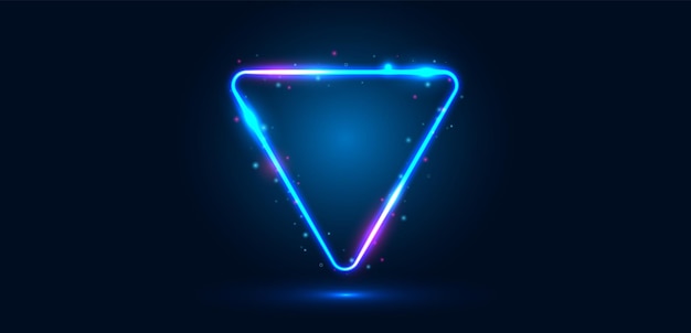 Neon triangular frame with shining effects and highlights on a dark blue background