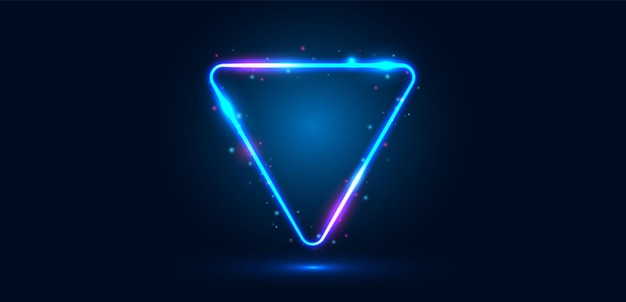 Vettore quadro triangolare al neon con effetti luminosi e luci luminose su uno sfondo blu scuro