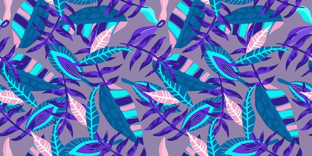 보라색 배경에 네온 트로픽 꽃 원활한 패턴 밝은 여름 디자인을 위한 꽃 네온 파란색 배경에 추상 스타일의 트로픽 정글