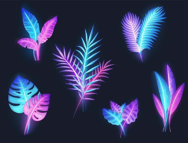 Vector neon tropical banana, monstera plants, exotic palm tree leaves set, vector isolated illustration. summer beach vacation.
