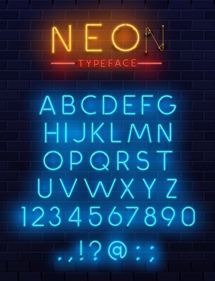 Vector 네온 글꼴, 빛나는 알파벳 글자