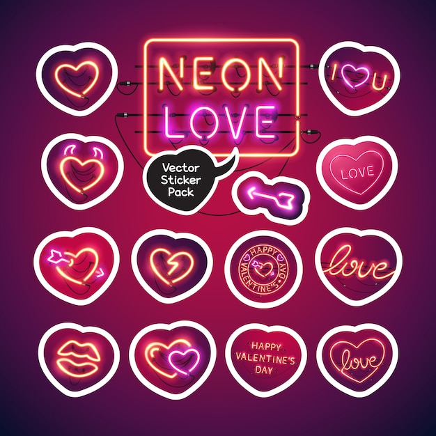 Neon valentijnsdag sticker pack