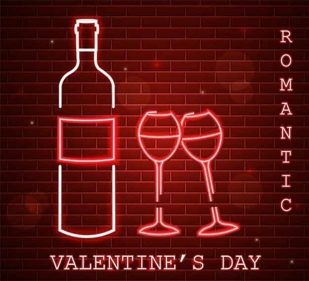Neon Valentine day card with wine bottle