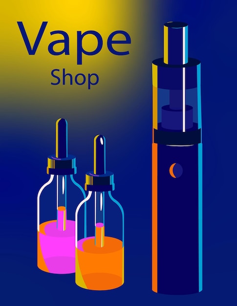 Вектор Неоновый вейп магазин баннер электронная сигарета и канистры с заправочной жидкостью