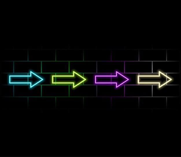 Neon veelkleurige pijlen wijzen met een gloed op het puntje Verschillende vormen en richtingen van beneden
