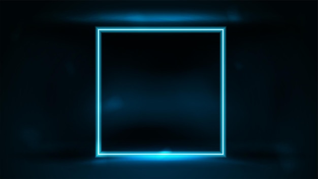 Neon vierkant blauw frame in donkere kamer op donkere onscherpe achtergrond