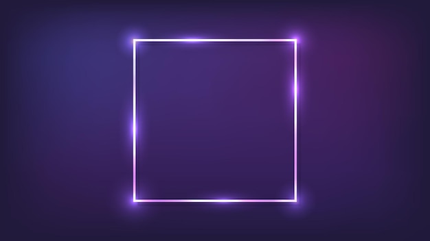 Neon vierkant frame met glanzende effecten op donkere achtergrond. lege gloeiende techno achtergrond. vector illustratie.