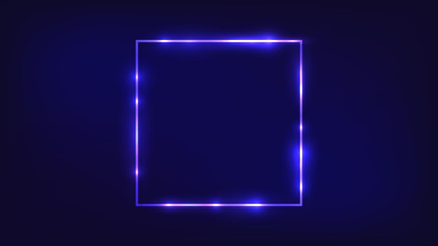 Neon vierkant frame met glanzende effecten op donkere achtergrond. lege gloeiende techno achtergrond. vector illustratie.