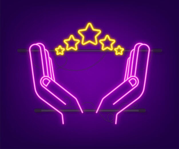 Neon vijf gouden rating ster in handen op donkere achtergrond. Vector voorraad illustratie.