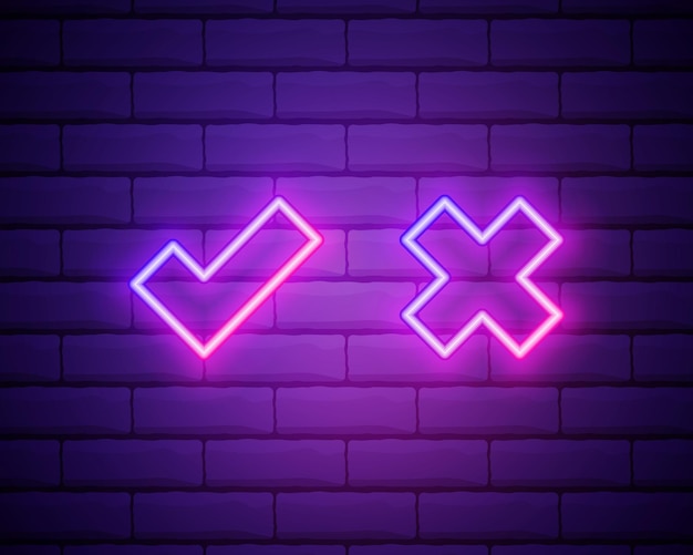 Neon vinkje en kruis op bakstenen muur roze vinkje en weigeren symbool geïsoleerd op bakstenen muur accepteren en afwijzen goed en fout helder neon ontwerp voor games app webpagina vectorillustratie