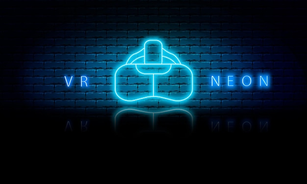 Vector neon vr helmet icon, glowing vr device on brick wall background, vector illustration