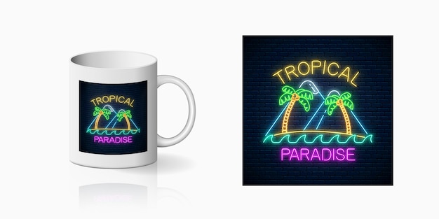Neon vrolijke zomerprint met twee palmen, eiland, bergen en tekst voor bekerontwerp. Glanzend zomerontwerp in neonstijl