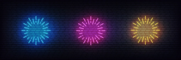 Neon vuurwerk barstte. set van gloeiende neon vuurwerk tekenen