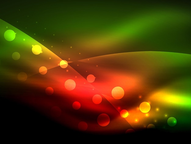 Неоновый волновой фон с световыми эффектами кривые линии с блестящими и блестящими точками светящиеся цвета в темноте векторная иллюстрация магической энергии
