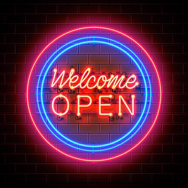 Neon welcome open signboard on the brick wall background. Vector illustration