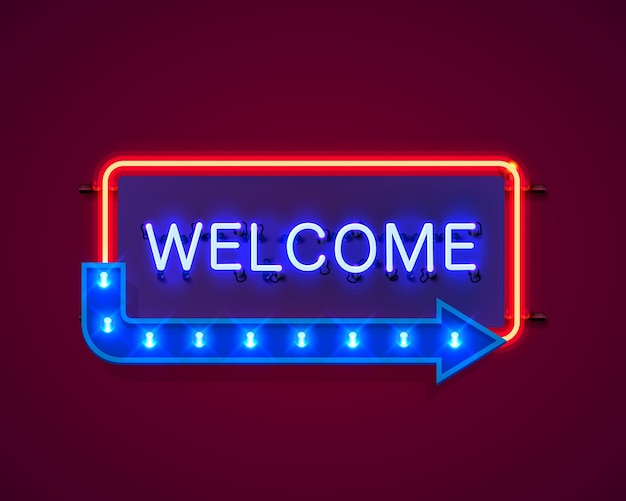 Neon welcome open signboard on the red wall.