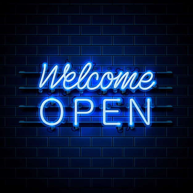 Neon welkom open uithangbord op de bakstenen muur achtergrond. vector illustratie