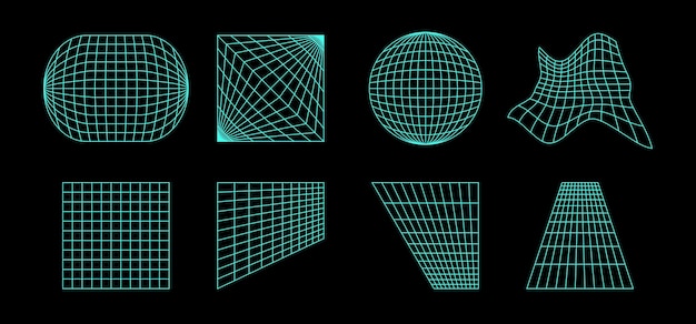 Vector neon wireframe elements collection geometric surface grid of different shape distorted perspective