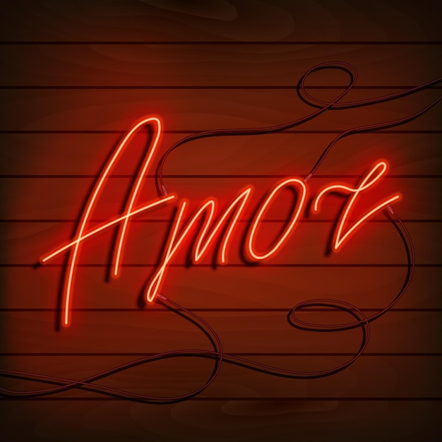 Neon woord liefde in het spaans en portugees. een fel rood bord op een houten muur. element van ontwerp voor een gelukkige valentijnsdag. vector illustratie