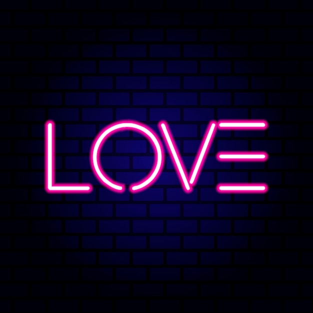 Neon word Love on brick wall background