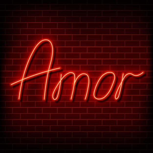 Parola al neon amore in spagnolo e portoghese un segno rosso brillante su un muro di mattoni elemento di design per un h...