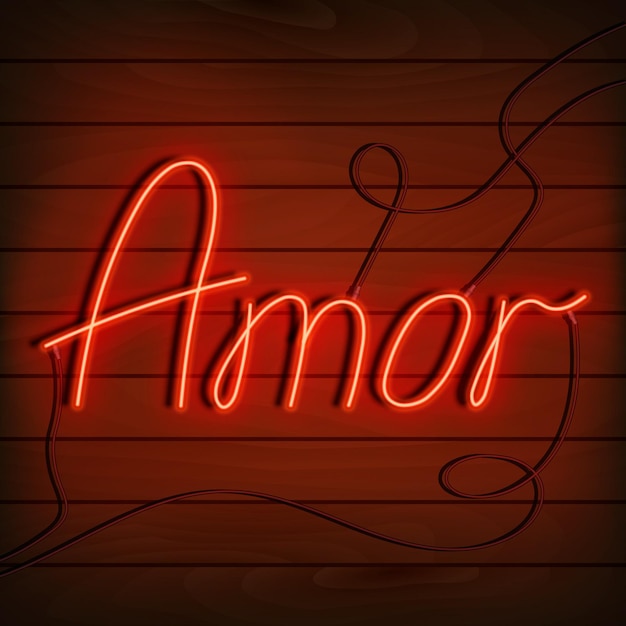 Neon word love in spanish and portuguese. A bright red sign on a wooden wall. Element of design for a happy Valentine's day. Vector illustration
