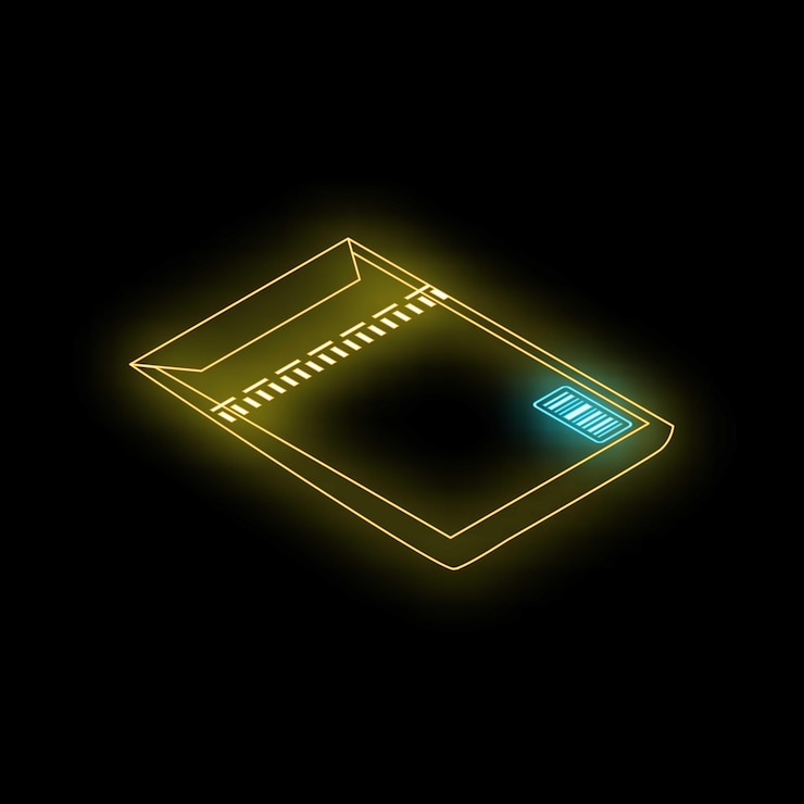 Vector neon yellow package with blue barcode isometric view on black background