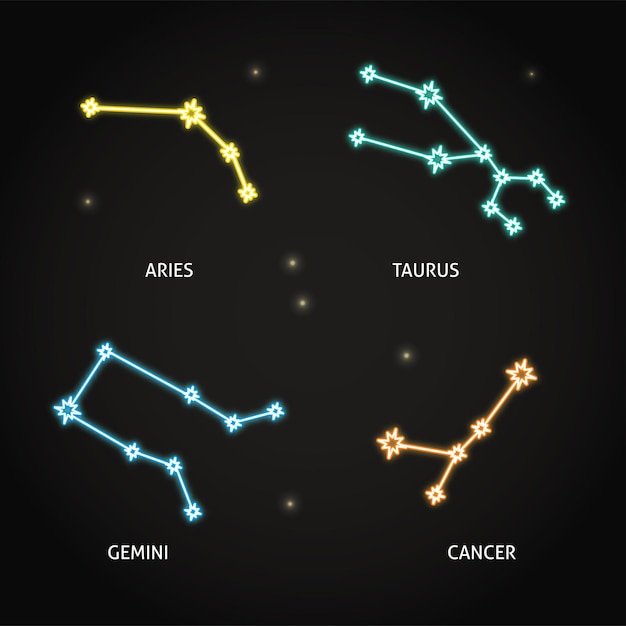 Collezione di simboli della costellazione dello zodiaco al neon