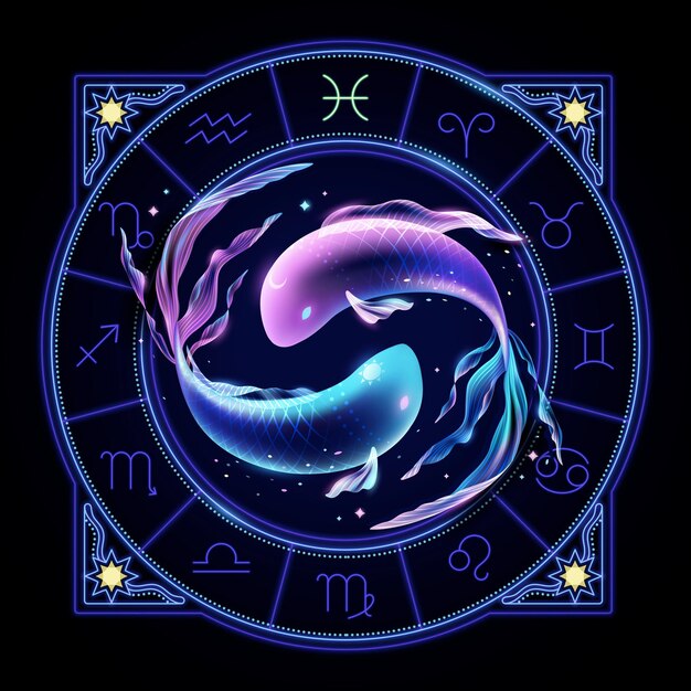 Vettore segno zodiacale neon dei pesci