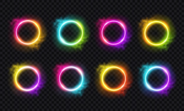 Neoncirkelen met doorzichtig licht en rook-effect op een donkere achtergrond PNG-glow-effect