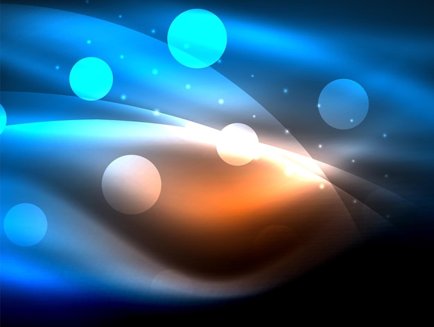 Neongolf achtergrond met lichteffecten kromme lijnen met glinsterende en glanzende punten gloeiende kleuren in het donker vector magische energie illustratie
