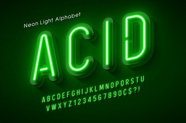 Neonlichtalfabet, veelkleurig extra gloeiend lettertype.