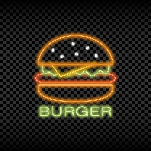 Neonlichtteken van burgercafé Gloeiend en glanzend helder uithangbord van fastfood-logo