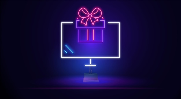 Neonlit tv bright tv with a gift modern vector logo banner shield image of an lcd tv night advertisi...