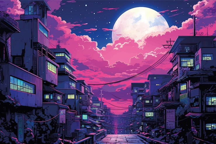 Vector neonlit urban nightscape moon