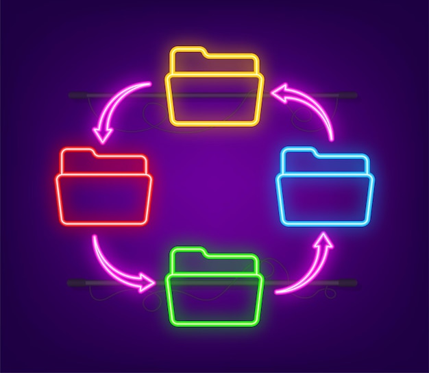 Neonpictogram met bestandsuitwisseling. platte digitale vectorillustratie. pictogram voor cloudopslag. data opslag.