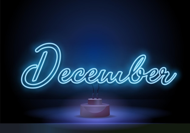 Neonsymbool voor de maandnaam van december met kleurrijke gloeiende neontekenvectorillustratie december op een...