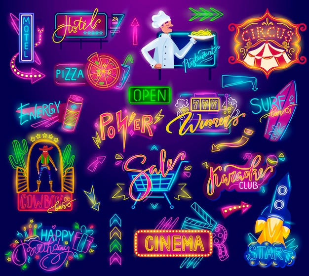 Vector neonteken, retro vintage reclamebord, helder bord, lichte banner, frames cartoon set illustraties.