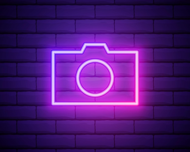 Neonverlichting van de camera of camera helder is de camera moderne vector logo banner embleem poster camera foto nacht neon teken licht de inscriptie vectorillustratie