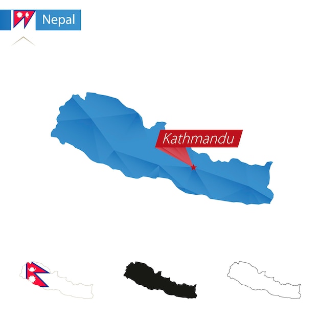 Nepal blauwe Low Poly kaart met hoofdstad Kathmandu