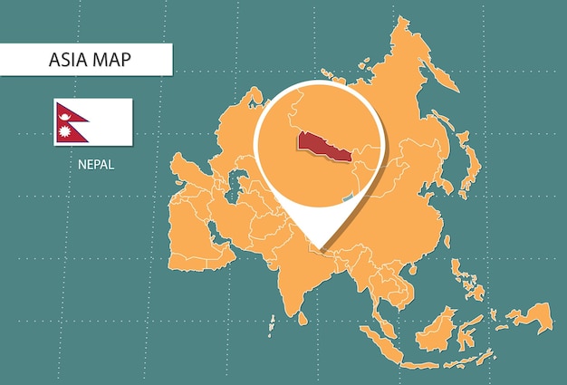 nepal-kaart in Azië zoomversiepictogrammen met de locatie en vlaggen van nepal