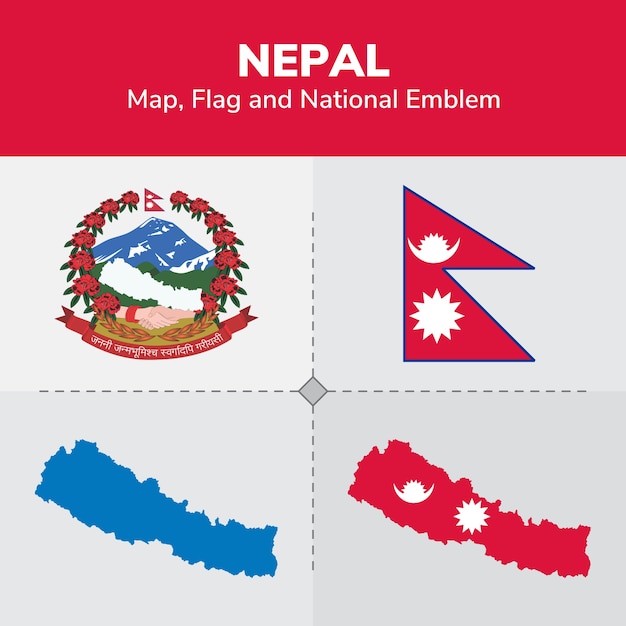 Mappa del nepal, bandiera e emblema nazionale