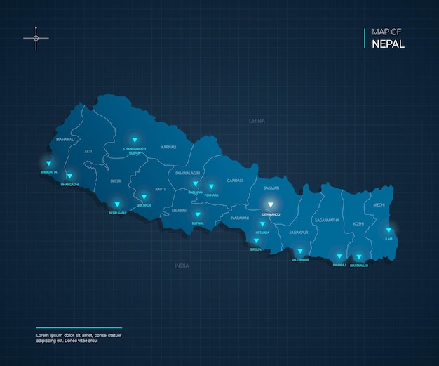 Mappa del nepal con punti luce al neon blu