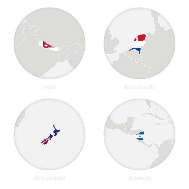 Nepal, nederland, nieuw-zeeland, nicaragua kaart contour en nationale vlag in een cirkel. vectorillustratie.