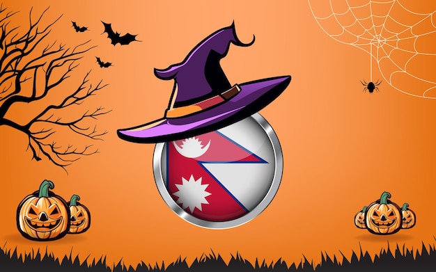 nepal round flag with Happy Halloween banner or party invitation background bats spiders and pumpkins orange background